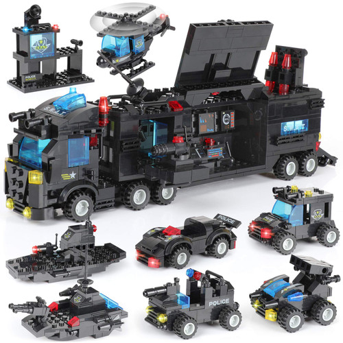 1110 PCS SWAT City Police Station Mobile Command Center Truck Car Building Blocks Set in 25 Different Models Police Cars, Helicopter, Boat, with Storage Box Roleplay Toys Gift for Kids Boys Girls 6-12 1110 PCS SWAT City Police Station Mobile Command Center Truck Car Building Blocks Set in 25 Different Models Police Cars, Helicopter, Boat, with Storage Box Roleplay Toys Gift for Kids Boys Girls 6-12