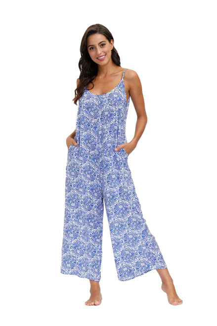 wexcen Womens Floral Printed Jumpsuits Casual Sleeveless Spaghetti Strap Rompers Wide Leg Pants with Two Pockets (Blue and White Porcelain, M)