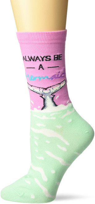 K BELL Women's Fun with Words Novelty Saying Crew Socks, pink (Always a mermaid), Shoe Size: 4-10