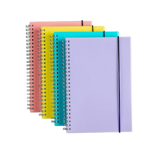 4 Pack A5 Spiral Bullet Dotted Journal with 120gsm Thick Paper, Dot Grid Spiral Notebook with Plastic Hardcover and Elastic Band Closure, 70 Sheets Per Pack 5.7X 8.3 inches