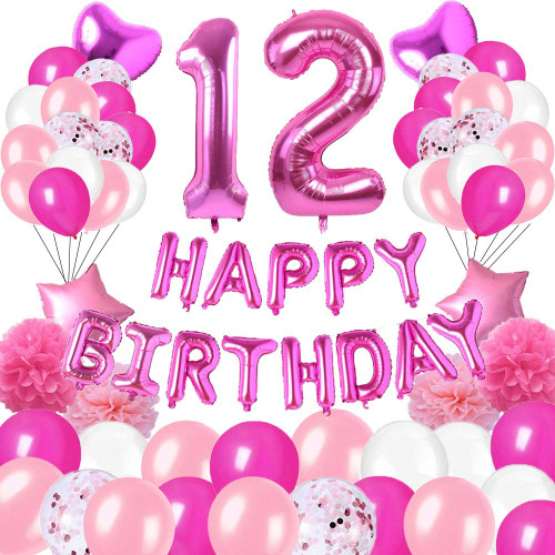 Happy 12th Birthday Party Decorations Pink Latex,Rose Red Latex and Sequin Balloons Happy Birthday Banner Foil Number Balloons and More for 12 Years Old Birthday Party Supplies (colorpartyland)