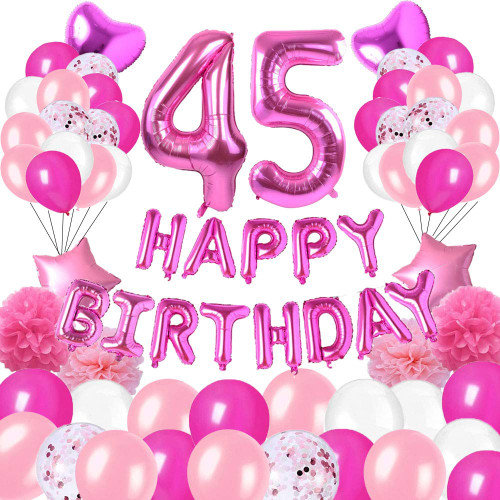 Happy 45th Birthday Party Decorations Pink Latex,Rose Red Latex and Sequin Balloons Happy Birthday Banner Foil Number Balloons and More for 45 Years Old Birthday Party Supplies (colorpartyland)