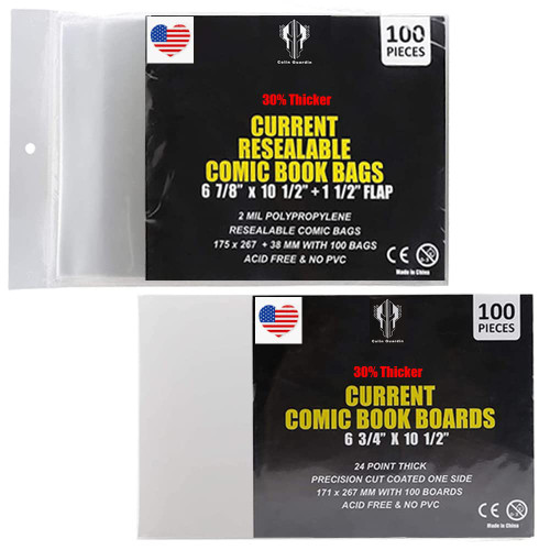 Resealable Current Age Comic Book Bags and Board 24pt,100 Pack Comic Book Sleeves and Backing Cardboards (100pack Current Bags and Boards)