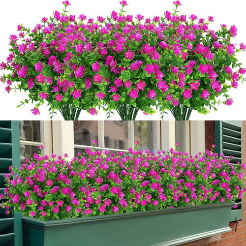 JyiHope Artificial Fake Flowers Boxwood, Faux Flowers Plants Outdoor UV Resistant Greenery Shrubs Indoor Outside Hanging Planter Home Porch Garden Farmhouse Decor (8 Bundles, Rose Red)