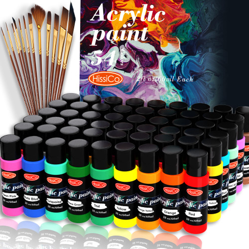 Acrylic Paint Set of 54 Colors 2fl oz 60ml Bottles with12 Brushes,Non Toxic 54 Colors Acrylic Paint No Fading Rich Pigment for Kids Adults Artists Canvas Crafts Wood Painting