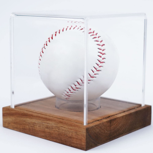 Baseball Display Case, Clear Cube Baseball Holder with Wooden Base, Autograph Baseball Stand Box for Single Ball, Acacia Wood, Brown