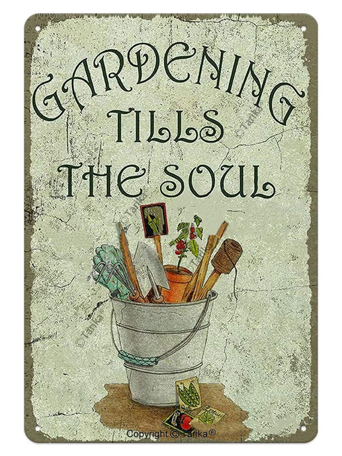 Gardening Tills The Soul 8X12 Inch Tin Retro Look Decoration Painting Sign for Home Kitchen Bathroom Farm Garden Garage Inspirational Quotes Wall Decor