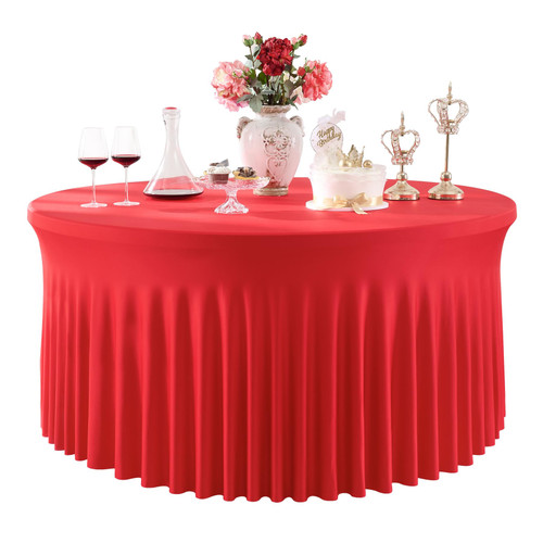 gogoparti Red Spandex Round Tablecloths 108 inch, Stretchy Round Tablecloths Fitted for 48 inch Table, Wrinkle Free Round Table Cloths with Skirt for Wedding Birthday Party Banquet