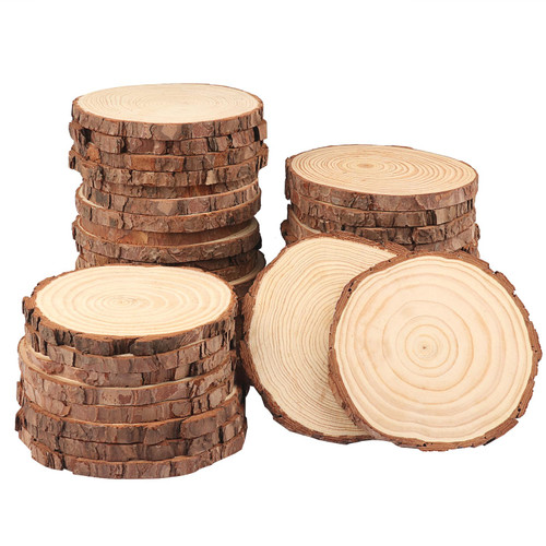 40 PCS 4.7-5.5 Inch Natural Wood Slices, Unfinished Pine Wood Circles with Barks for Coasters, DIY Crafts, Christmas Rustic Wedding Ornaments and Centerpieces,by GNIEMCKIN.