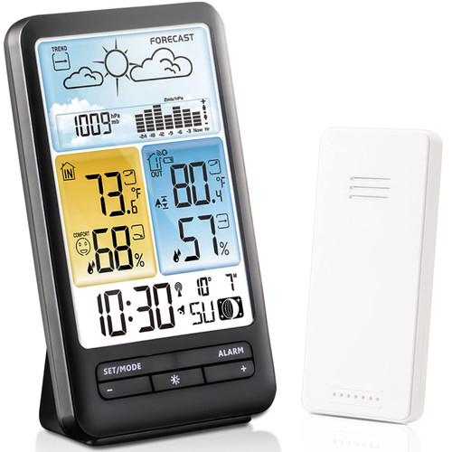 KALEVOL Weather Stations Indoor Outdoor Thermometer Wireless Color Display Temperature Humidity Monitor with Atomic Clock and Adjustable Backlight, Weather Thermometers with Barometer and Moon Phase