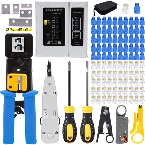 LEATBUY Crimper RJ45 Crimp Tool Kit Cat5 Cat5e Cat6 RJ45 Crimping Tool Set, 50PCS RJ45 Cat6 Pass Through Connectors, 50PCS Covers, Network Cable Tester, Wire Punch Down Cutter(Blue)