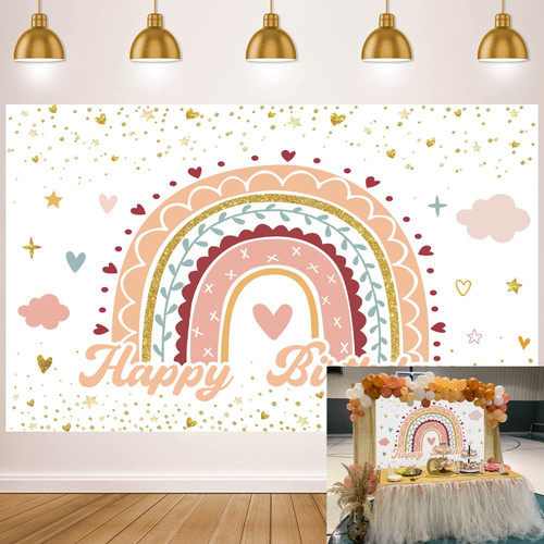 Boho Birthday Backdrop Rainbow Clouds Boho Theme Banner Girls Kids Happy Birthday Baby Shower Party Decorations Cake Table Banner Supplies 7x5FT