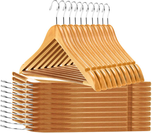 Quality Wooden Hangers - Slightly Curved Hanger 30-Pack Sets - Solid Wood Coat Hangers with Stylish Chrome Hooks - Heavy-Duty Clothes, Jacket, Shirt, Pants, Suit Hangers (Natural, 30), 17.5 inch