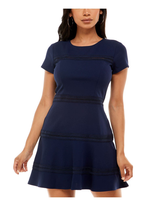 B Darlin Womens Navy Stretch Zippered Lace-Trim Scuba Crepe Short Sleeve Round Neck Mini Fit + Flare Dress Juniors 13