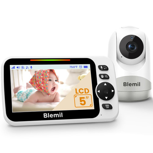 Blemil Baby Monitor with 30-Hour Battery, 5" Large Split-Screen Video Baby Monitor with Camera and Audio, Remote Pan/Tilt/Zoom Camera, Two-Way Talk, Night Vision, Lullabies, No WiFi