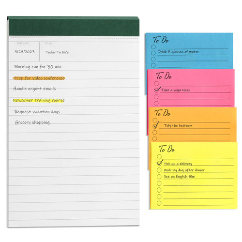 Lined Writing Note Pad To Do List Notepad - 5.6" x 8.5" Notebook (50-Sheet), Micro Perforated Writing Pad, Small 3" x 4" Sticky Notes with 50 Pages(4 pks) for Planners, Notes Taking, Work Organization