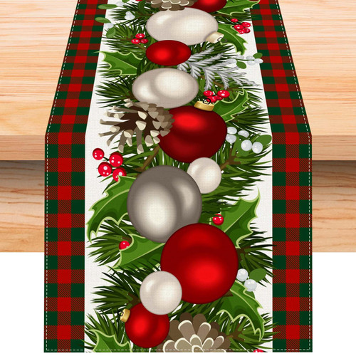 Jiudungs Linen Red and Green Buffalo Check Plaid Christmas Table Runner 48 Inches Long Farmhouse Winter Christmas Xmas Holiday Home Kitchen Table Decorations