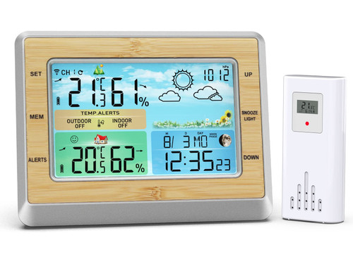 Eagletech Weather Station Indoor Outdoor Thermometer Wireless Digital Hygrometer Temperature & Humidity Monitor with LCD Color Display Clock, Calendar and Adjustable Backlight