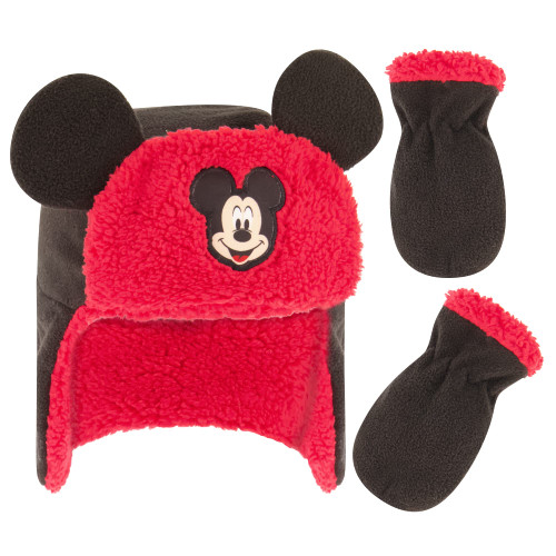 Disney boys Mickey Mouse Toddler Fleece Trapper Winter With Sherpa Lining and Mitten Set Beanie Hat, Mickey Mouse, 2-4T US