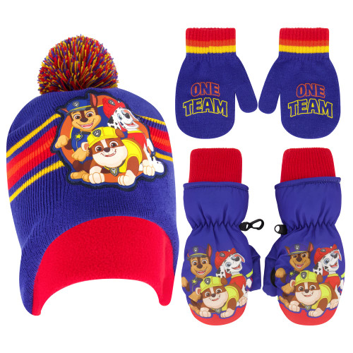 Nickelodeon Boys Paw Patrol Toddler Winter Hat with Knit Mittens and Insulated Ski Mitten Set, Age 2-4