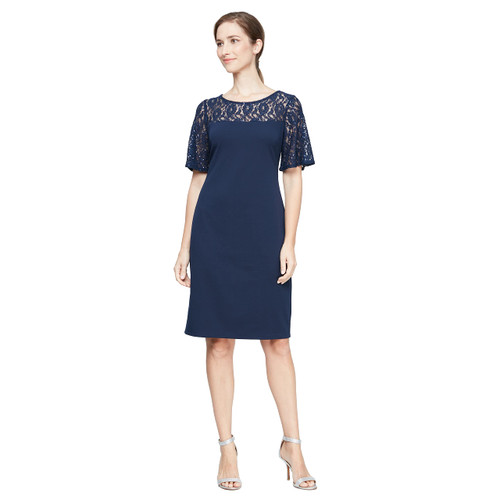 S.L. Fashions Women's Sequined Lace Short Sleeve Sheath Dress, Navy, 10