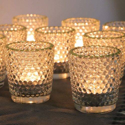 WOHO Votive Candle Holders Set of 12, Clear Tealight Candle Holder Bulk with Gold Rim, Glass Votive Candle Holders for Table Centerpiece, Wedding, Birthday and Home Decor