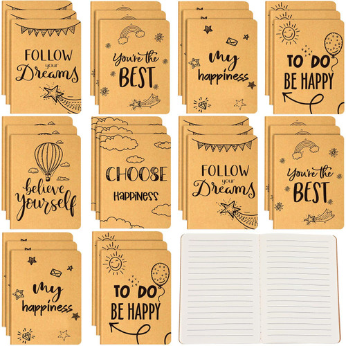 120 Pcs Mini Notebooks Bulk for Kids Kraft Inspirational Notebooks A6 Small Notebooks 4.1" x 5.8" Mini Journal Notepads for Students Classroom School Supplies Gifts, 80 Lined Pages, 6 Happy Designs