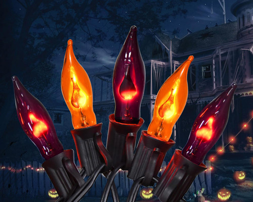 PASUTO Orange and Purple Halloween Lights - Flickering Flame String Lights, 12.8Ft Indoor Outdoor Halloween Lights C7 Retro Flame String Lights, Ideal for Halloween Decorations Party Home Lights