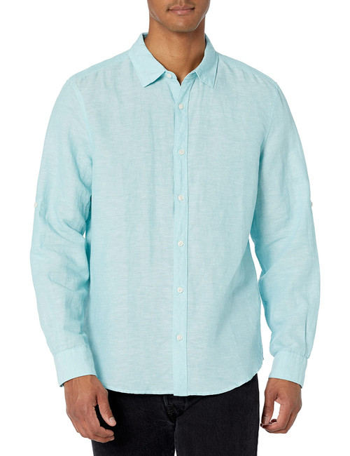 Perry Ellis mens Roll Sleeve Solid Linen Cotton Button-down (Size Small - Xx-large) Shirt, Aqua Sea, Small US