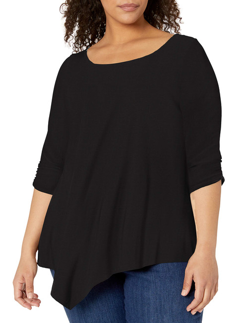 Star Vixen womens Star Vixen Women's Hanky Hem Top, Elbow Sleeve With Cinch Detail Blouse, Black Solid, Medium US