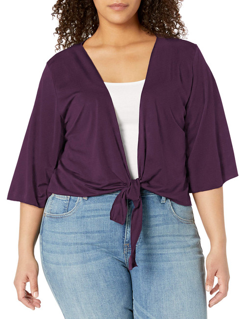 Star Vixen Women's Plus-Size 3/4 Sleeve Tiefront Shrug, Plum Solid, 1X
