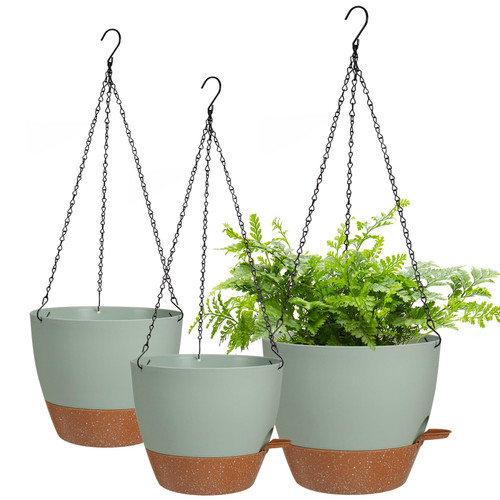 Lucieblessdesign Hanging Planters Indoor Outdoor 10/9/8 Inch, 3 Pack Self Watering Hanging Pot with Drainage Holes Hanging Planter Baskets Flower Plant Pots with Removable Tray (Green+Brown)