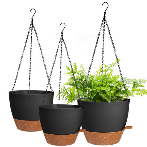 Lucieblessdesign Hanging Planters Indoor Outdoor 10/9/8 Inch, 3 Pack Self Watering Hanging Pot with Drainage Holes Hanging Planter Baskets Flower Plant Pots with Removable Tray (Black+Brown)