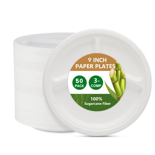 Disposable Paper Plates 9 Inch with 3 Compartment [50 Pack]-100% Compostable Paper Plates Heavy Duty-Divided Plates Made of Sugarcane Fibers Biodegradable for Parties, Picnics, Dinners, BBQs (White)