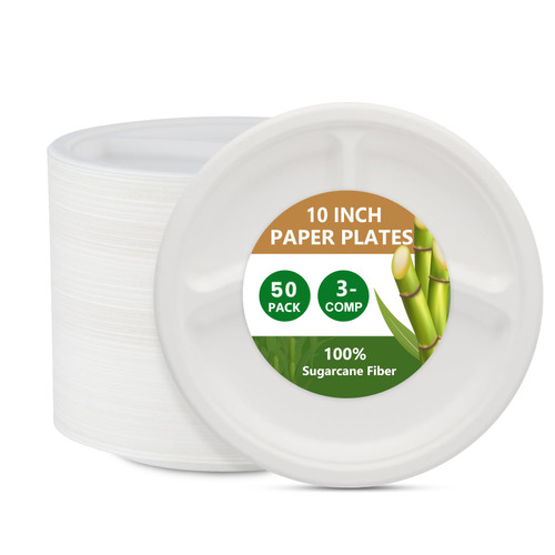 WGCC Disposable Paper Plates 10 Inch with 3 Compartment [50 Pack]-100% Compostable Paper Plates Heavy Duty-Divided Plates Made of Sugarcane Fibers Biodegradable for Parties,Wedding, Dinners, BBQs