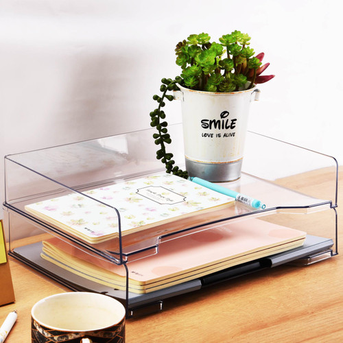 2 Tier Letter Tray Paper Organizer, Clear Desk Stackable Paper Tray File Organizer, A4 Size PET Paper Sorter Tray, Stacking Support File Tray Desk Organizer for Office, Home or School (Transparent)