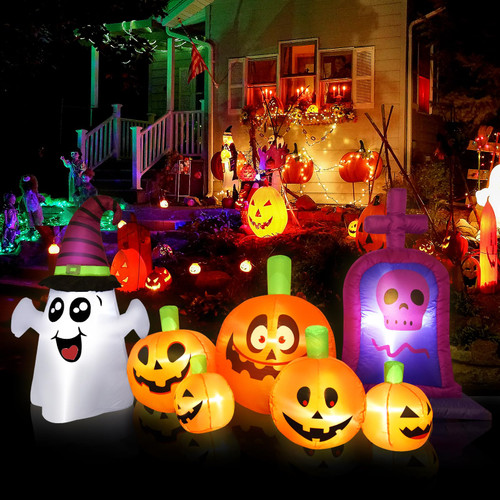8FT Halloween Inflatables Outdoor Decorations-AUOKAI Halloween Inflatables Blow Up Pumpkin Combo with Ghost and Skull Tombstone Scary Yard Decorations Built-in LED Lights Decor for Garden Lawn Yard 8FT Halloween Inflatables Outdoor Decorations-AUOKAI Halloween Inflatables Blow Up Pumpkin Combo with Ghost and Skull Tombstone Scary Yard Decorations Built-in LED Lights Decor for Garden Lawn Yard