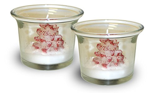 BANBERRY DESIGNS Christmas Tree Candles - Set of 2 Snow Coated Red Christmas Tree Candles with Glass Holders
