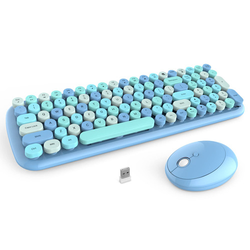 Wireless Keyboard and Mouse Combo, 2.4G Retro Typewriter Wireless Keyboard with Number Pad and Cute Ambidextrous Wireless Mouse for Computer Laptop Desktop PC(Blue Colorful)