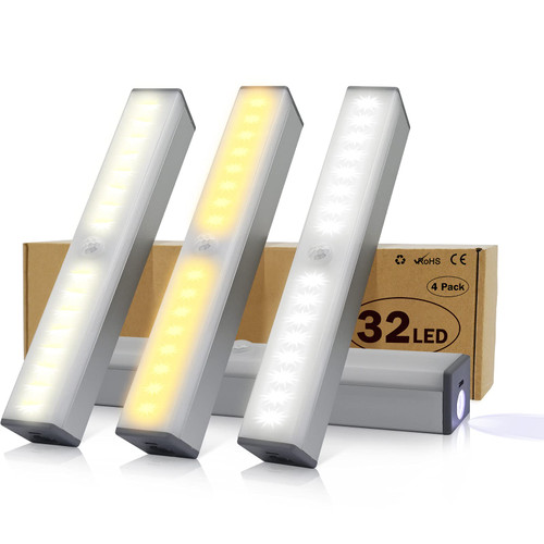 LED Closet Light Motion Activated, Under Cabinet Lights, Home-life Motion Sensor LED Lights, Stick-on Anywhere Battery Operated 32 LED Motion Sensor Night Light for Closet Hallway Stairway (4 Pack)