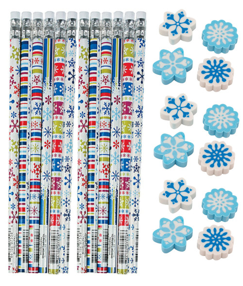 Nikki's Knick Knacks 48 Piece Snowflake Themed Pencils and Erasers,48 Piece Set