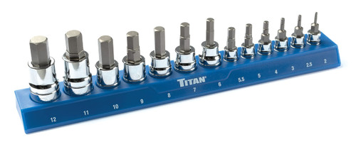 Titan 85531 13-Piece Metric Hex Bit Socket Set, Magnetic Socket Organizer with Laser-Etched Size Markings