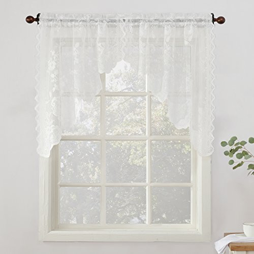 No. 918 Alison Floral Lace Sheer Kitchen Curtain Swag Pair, 58" x 38", White