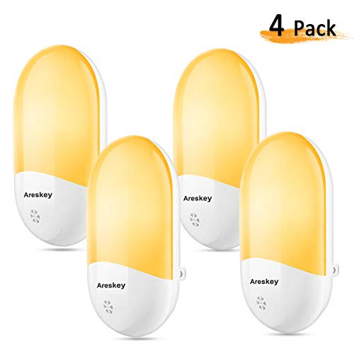 Areskey LED Plug-in Night Light - Warm White Nightlight with Dusk-to-Dawn Sensor for Bedroom, Bathroom, Kitchen, Hallway, Stairs, Energy Efficient, Compact (4 Pack)