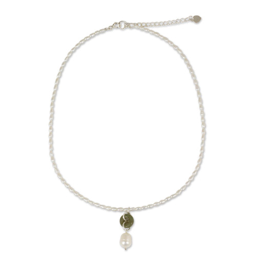 NOVICA Handcrafted Cultured Freshwater Pearl Jade Pendant Necklace .925 Sterling Silver Green White Strand Thailand Birthstone 'Lucky Cycle' NOVICA Handcrafted Cultured Freshwater Pearl Jade Pendant Necklace .925 Sterling Silver Green White Strand Thailand Birthstone 'Lucky Cycle'