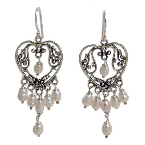 NOVICA Artisan Handmade Cultured Freshwater Pearl Chandelier Earrings .925 Sterling Silver White Indonesia Heart Bridal Birthstone 'Heart Symphony' NOVICA Artisan Handmade Cultured Freshwater Pearl Chandelier Earrings .925 Sterling Silver White Indonesia Heart Bridal Birthstone 'Heart Symphony'
