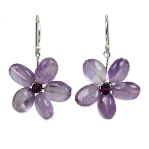 NOVICA Handmade Amethyst Floral Earrings Flower .925 Sterling Silver Glass Bead Purple Dangle Beaded Thailand Birthstone 'Mystic Daisy'