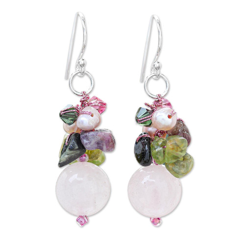 NOVICA Artisan Handmade Cultured Freshwater Pearl Rose Quartz Cluster Earrings .925 Sterling Silver Tourmaline Multigem Multicolor Pink White Dangle Beaded Thailand Birthstone 'Petal Romance'