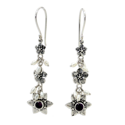 NOVICA Handmade Cultured Freshwater Pearl Amethyst Flower Earrings Indonesian .925 Sterling Silver Dangle Purple White Floral Bridal Birthstone [2.4 in L x 0.6 in W] 'Heavenly Frangipani'