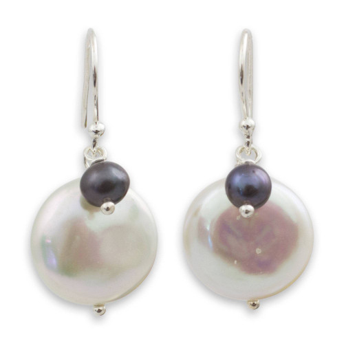NOVICA Handmade .925 Sterling Silver Cultured Freshwater Pearl Dangle Earrings Thai White Gray Dyed Thailand Birthstone [1.2 in L x 0.5 in W] 'Pearly Moons'
